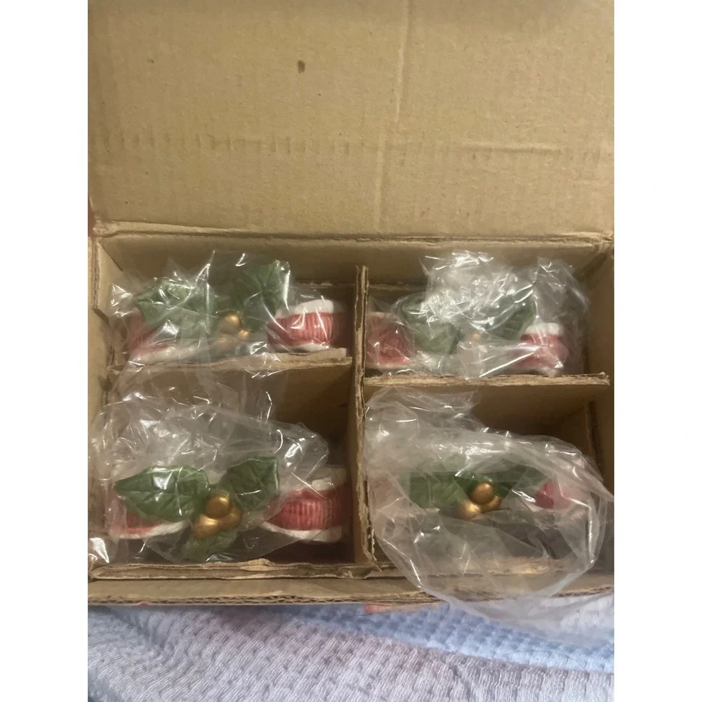 Fitz and Floyd Christmas Quilt Napkin Rings Set of 4 Vintage 1992 Holly Bows